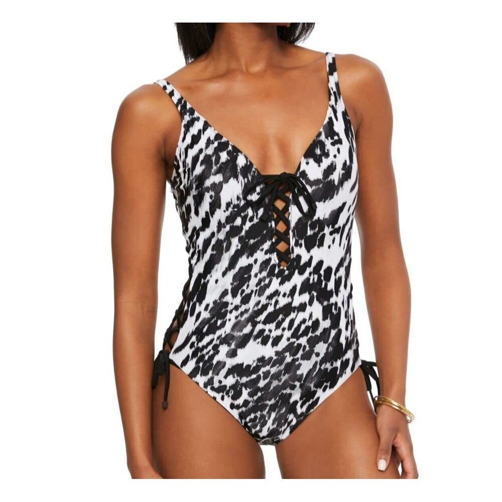 Bar III Women's M Heatwave One Piece Push Up Lace Up Swimsuit Black NWT